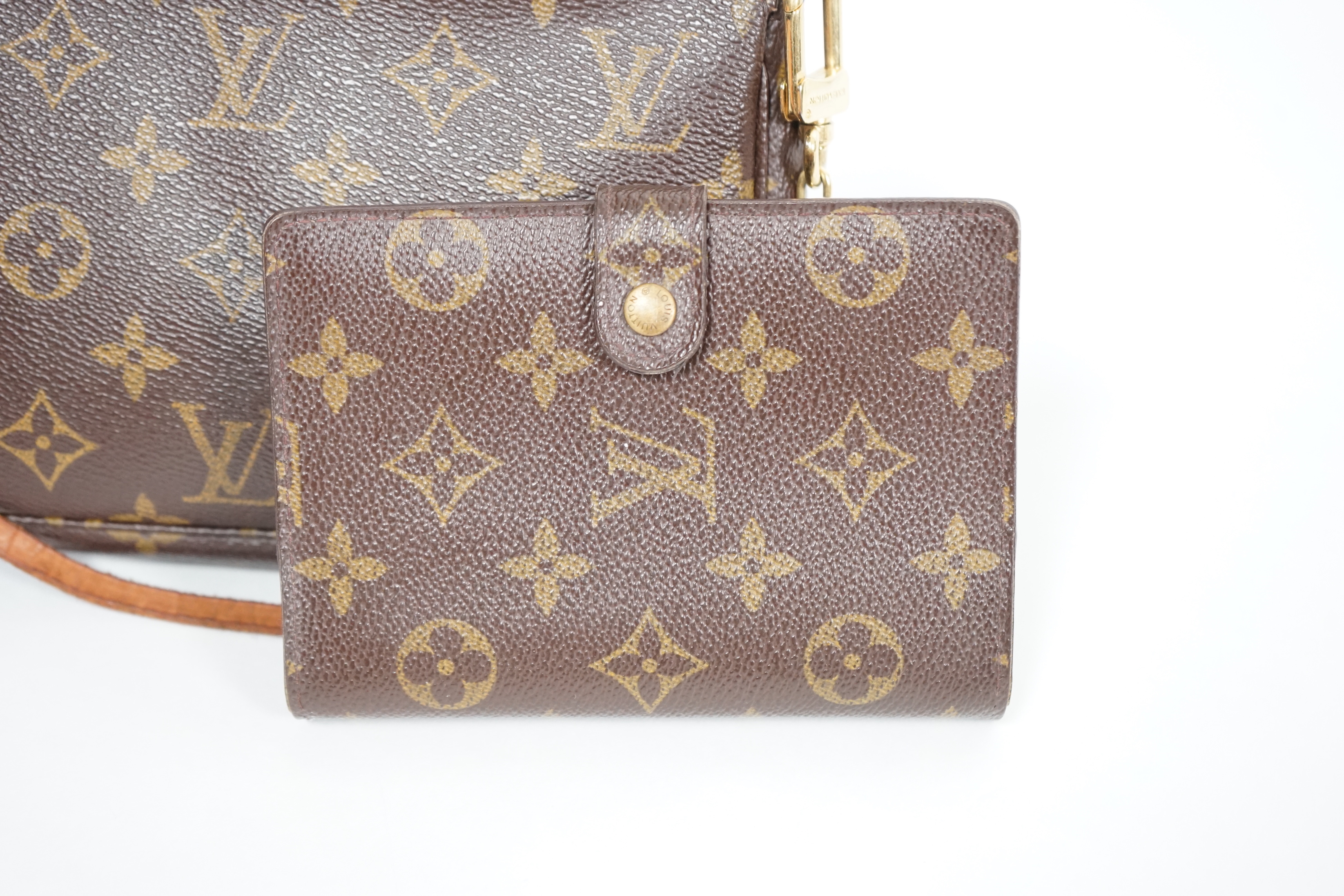 A vintage Louis Vuitton Monogram canvas Speedy 25 handbag, a Louis Vuitton Pochette Accessories Canvas bag and small Agenda PM Speedy bag: width 25cm, height overall 29cmm depth15cm, Pochette Bag: width 22cm, height 13cm